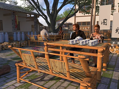 Traditional Chinese Swing Door In Courtyard With Bamboo Tables Chairs And Trees 3d model