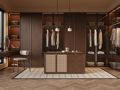 Modern Wooden Wardrobe Interior Design with Hanging Clothes Drawers and Mirror 3d model