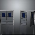 Gray Storage Furniture With Blue Panel Doors And One Open Door Design
