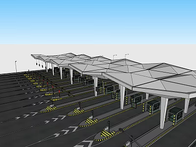 Traffic Facility with Multiple Lanes Canopy Structures Lane Markings and Booths Under Blue Sky 3d model