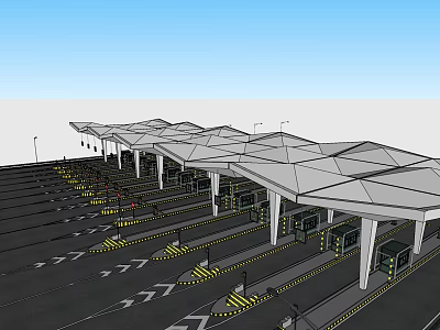 Traffic Facility with Multiple Lanes Canopy Structures Lane Markings and Booths Under Blue Sky 3d model