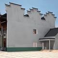 Ancient Chinese Architecture With Stone Lions Red Lanterns Eaves Roof And Wooden Door