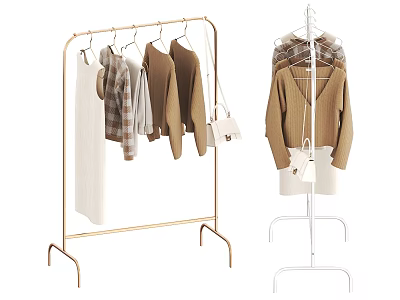 Stylish Clothes on Gold and White Hangers with Brown Sweater Plaid Shirt and White Bags 3d model