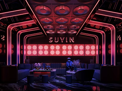 Cyberpunk Style KTV Room Interior With Neon Lights And Sofas 3d model