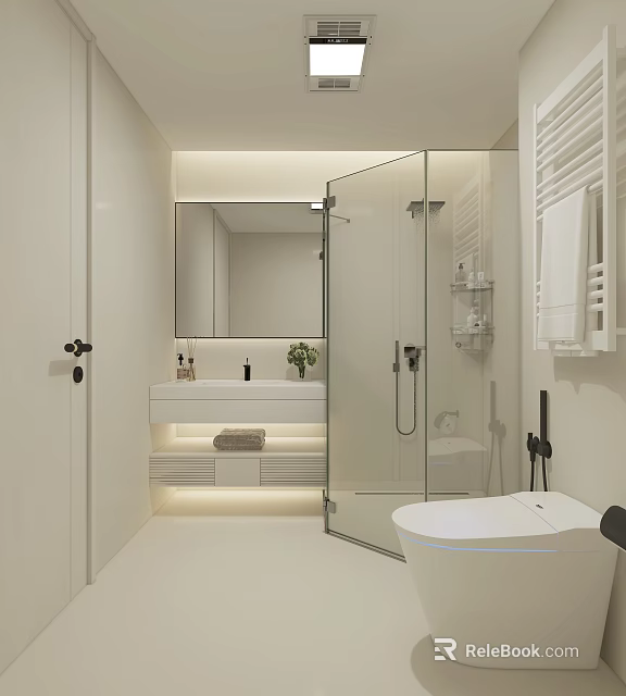 Modern Bathroom Interior with Glass Shower Enclosure Wall-Mounted Vanity Mirror and Potted Plant 3d model 