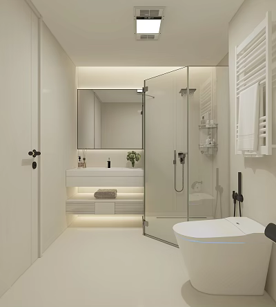 Modern Bathroom Interior with Glass Shower Enclosure Wall-Mounted Vanity Mirror and Potted Plant 3d model