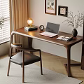 Home Office Workspace With Wooden Desk Laptop Table Lamp Chair Bookshelf And Potted Plant