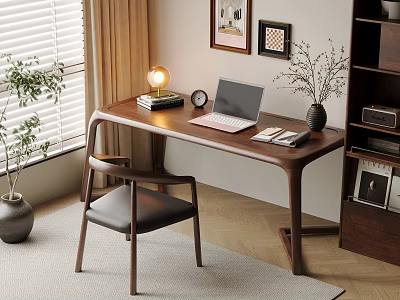 Home Office Workspace With Wooden Desk Laptop Table Lamp Chair Bookshelf And Potted Plant 3d model