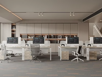Modern Public Office Area Interior With Desks Computer Monitors Office Chairs Cabinets And Ceiling Lighting 3d model