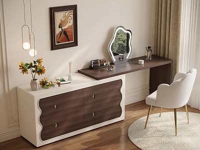 Elegant White And Brown Dressing Table With Mirror Drawers White Chair And Flower Vase 3d model