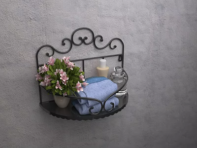 Black Iron Wall Shelf With Pink Flowers Blue Towels Bottles And Glass Jar 3d model