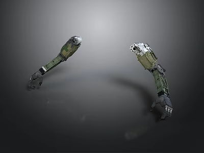 Two Green And Silver Mechanical Arms Symmetrically Placed On Gray Background 3d model