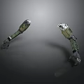 Two Green And Silver Mechanical Arms Symmetrically Placed On Gray Background 3d model
