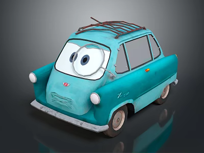 Cute Cartoon Blue Car With Big Eyes Roof Rack And Retro Design 3d model