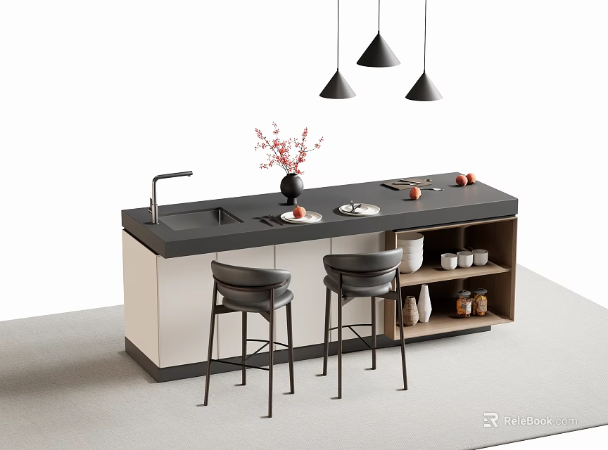 Modern Bar Counter Interior With Black Countertop White Cabinets Bar Stools And Pendant Lights 3d model 