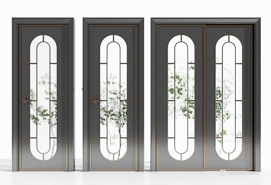 Elegant Modern Dark Hinged Doors With Glass Panels And Metal Accents 3d model 