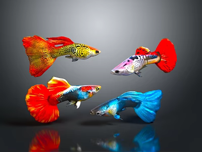 Colorful Guppies With Vibrant Red Yellow Blue Pink Colors On Dark Background 3d model