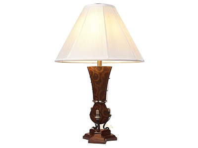 Traditional Table Lamp With White Fabric Lampshade And Carved Wooden Base 3d model