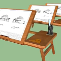 Wooden Desk With Drawing Boards Architectural Sketches Candle Holder And Triangle Ruler