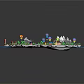 Colorful Playful Cartoon Scenery With Islands Mountains Hot Air Balloons Lighthouse Bridge Pathway Cottages Trees