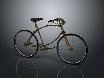 Vintage Classic Bicycle with Brown Leather Seat Golden Frame Black Tires and Headlight 3d model