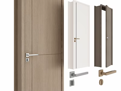 Stylish Hinged Doors In Wooden Texture And White Finish With Door Frames And Handles 3d model