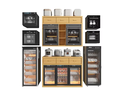 Modern Kitchen Appliances With Dish Sterilizers Wine Coolers Microwaves Ovens And Glass Cabinets 3d model