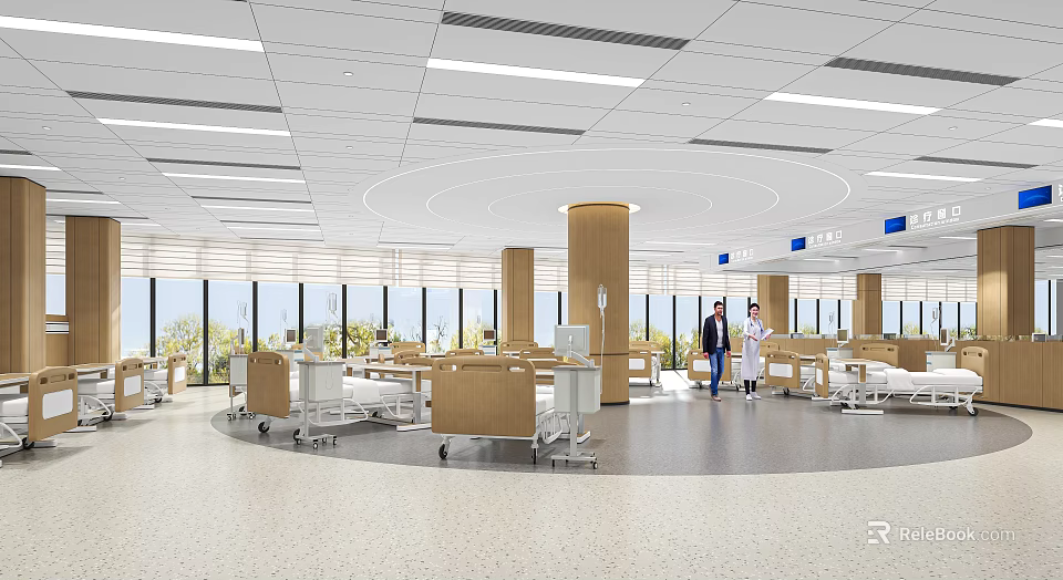 Spacious Hospital Outpatient Ward With Medical Beds Staff Ceiling Lighting And Large Windows 3d model 