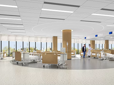 Spacious Hospital Outpatient Ward With Medical Beds Staff Ceiling Lighting And Large Windows 3d model