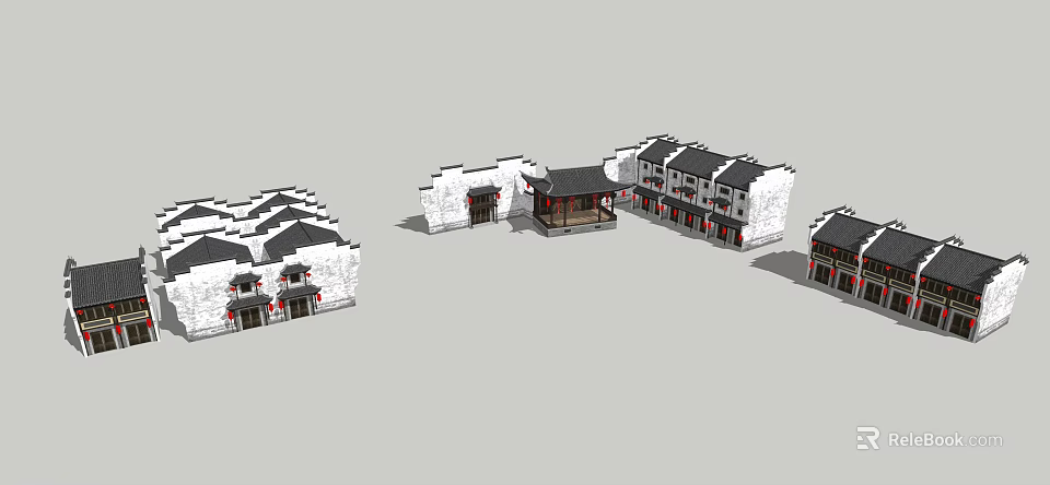 Traditional Ancient Architecture Complex With Courtyard White Walls And Black Tiled Roofs 3d model 