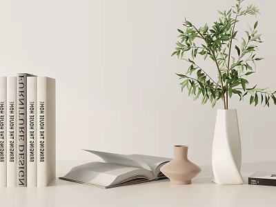 Elegant Decorative Ornaments with Books Open Book Pink White Vases and Green Foliage on Tabletop 3d model