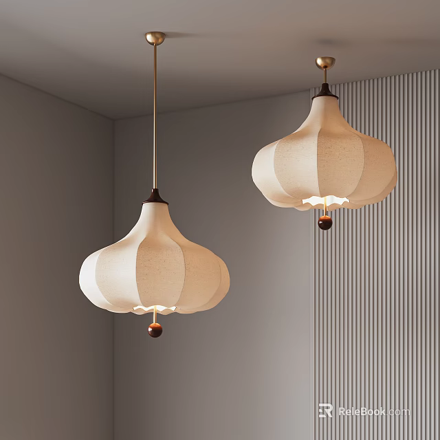 Modern Cream Pendant Lights With Golden Frame Against Light Gray Wall And Vertical Striped Decor 3d model 