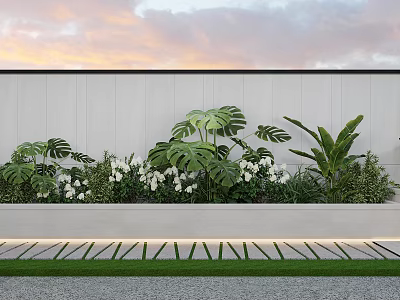 Outdoor Green Plant Wall With Sunset Sky Monstera Leaves White Flowers And Grass Lawn 3d model