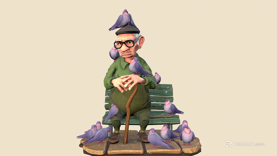 Old Man Sitting On Green Bench With Many Pigeons Around Him 3d model 
