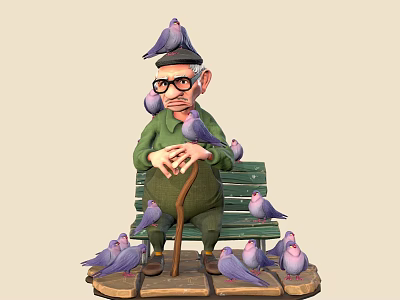 Old Man Sitting On Green Bench With Many Pigeons Around Him 3d model
