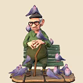 Old Man Sitting On Green Bench With Many Pigeons Around Him 3d model