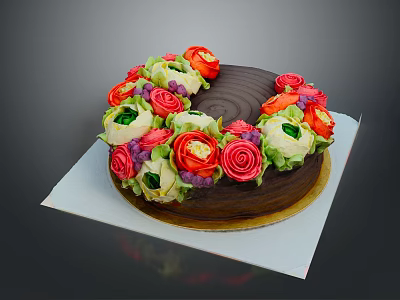 Chocolate Cake Decorated With Colorful Red Pink Green White Flowers On White Paper Dark Background 3d model