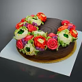 Chocolate Cake Decorated With Colorful Red Pink Green White Flowers On White Paper Dark Background