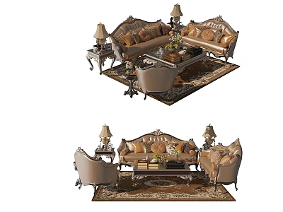Vintage Carved Sofa And Coffee Table Set With Table Lamps Decorations And Ornate Rug 3d model