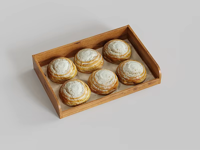 Six fresh homemade cinnamon rolls with powdered sugar displayed in wooden tray 3d model