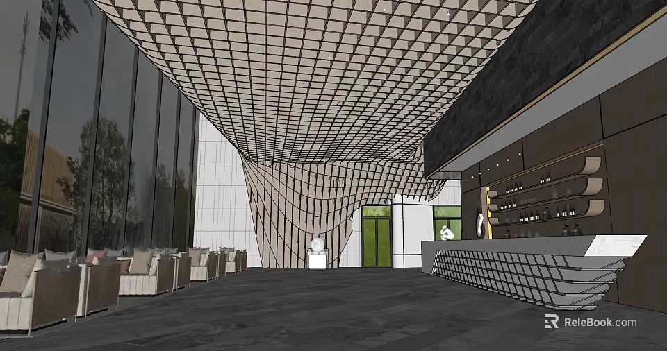 Modern Front Desk Reception Lobby With Grid Ceiling Large Windows And Sofa Seating 3d model