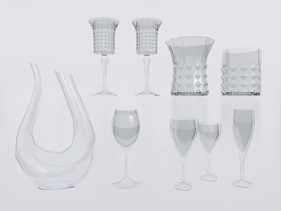 Different Shaped Transparent Glassware Set for Beverage Serving Wine Glasses Vases and Cups 3d model