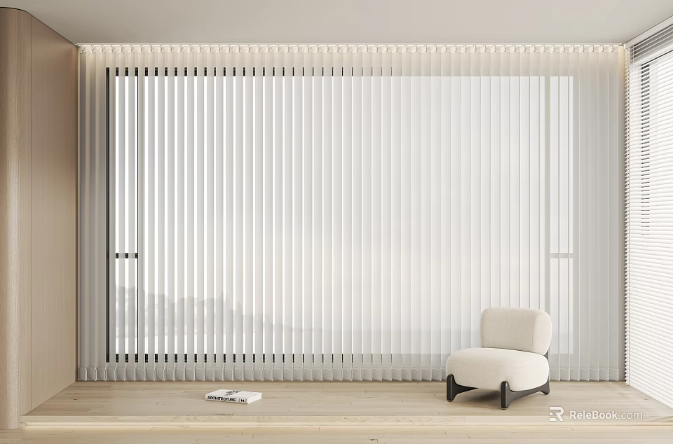 Modern Room With Large Window White Blinds And White Armchair On Wooden Floor 3d model 