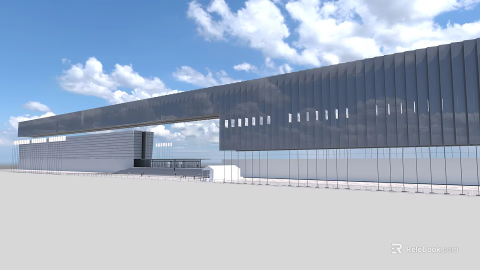 Large Modern Glass Curtain Wall Building Exterior With Blue Sky And White Clouds 3d model 
