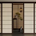 Japanese Style Sliding Doors With Lattice Design Lantern Plant And Cat