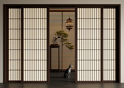 sliding door wooden sliding door pine potted flower 3d model