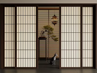 sliding door wooden sliding door pine potted flower 3d model