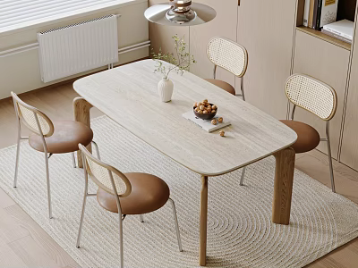 Elegant Wooden Dining Table With Rattan Back Leather Chairs And Fruit Bowl On Woven Rug 3d model