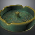 Green And Gold Ceramic Ashtray With Bowl Shape Central Pedestal And Branch Patterns