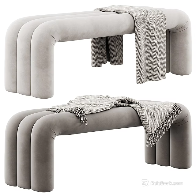Gray Velvet Sofa Bench With Modern Curved Design And Cozy Decorative Blanket 3d model 